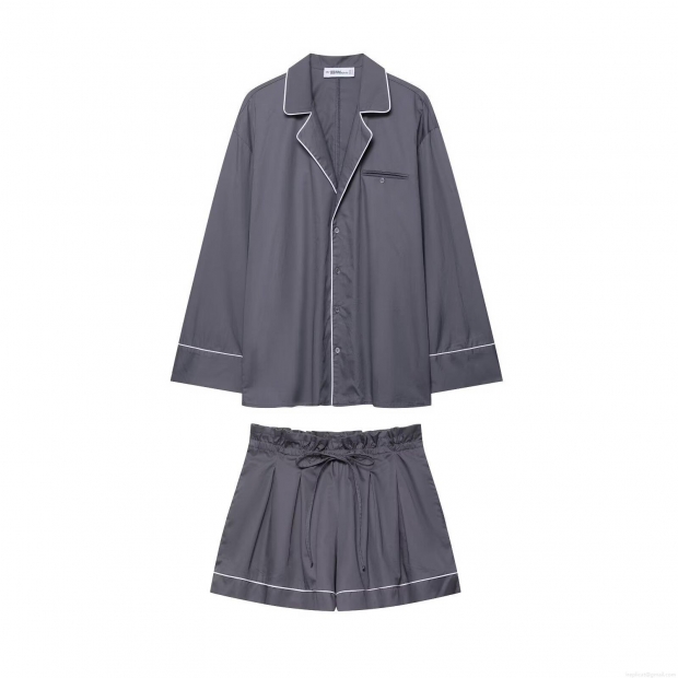 Women's Casual Long Sleeve Piping Poplin Shirt And Paperbag Waist Shorts Loungewear Set Solid Color Loose Two Piece Home Wear For Women Women's Casual Long Sleeve Piping Poplin Shirt And Paperbag Waist Shorts Loungewear Set Solid Color Loose Two Piece Home Wear For Women