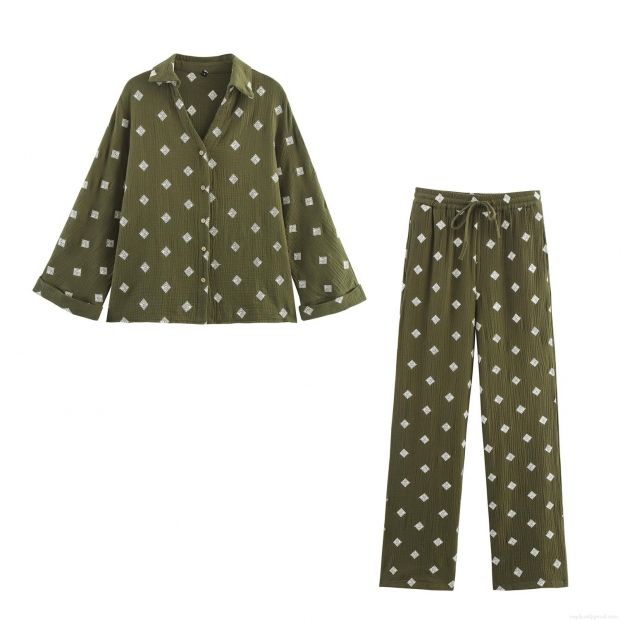 Women's Casual 2 Piece Lounge Set Cotton Crepe Embroidery Long Sleeve Button Down Shirt and Wide Leg Pants Set Olive Green Geometric Print Streetwear Outfit Women's Casual 2 Piece Lounge Set Cotton Crepe Embroidery Long Sleeve Button Down Shirt and Wide Leg Pants Set Olive Green Geometric Print Streetwear Outfit