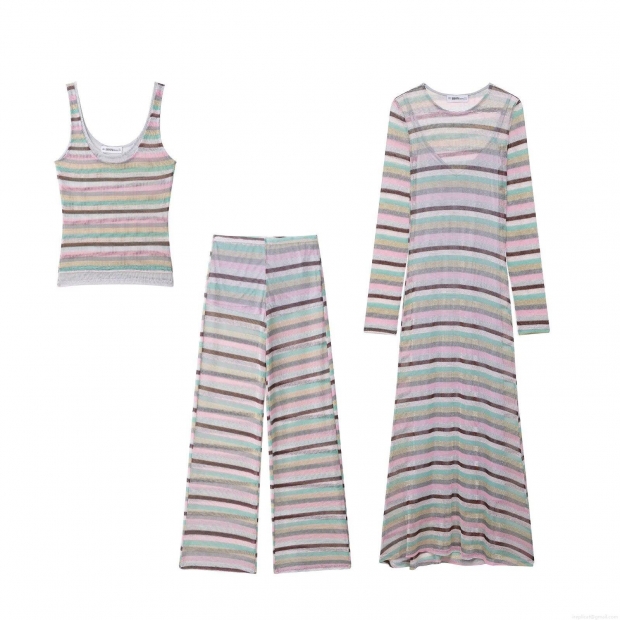 Women Colorful Rainbow Striped Knitwear 3 Piece Set Breathable Hollow Out Knit Vest Wide Leg Pants Long Sleeve Slim Dress Vacation Beachwear Streetwear Western Style Outfit