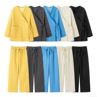 Women's Casual Quilted Loungewear Set Kimono Style Side Tie Top and Wide Leg Pants Two Piece Polyester Solid Color Warm Pajamas Set For Autumn Winter Women's Casual Quilted Loungewear Set Kimono Style Side Tie Top and Wide Leg Pants Two Piece Polyester Solid Color Warm Pajamas Set For Autumn Winter