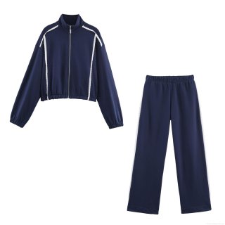 Women's Casual Two Piece Loungewear Set Cotton Blend Knitted Zipper Stand Collar Jacket with White Lace Trim and Wide Leg Pants Autumn Fashion Tracksuit Women's Casual Two Piece Loungewear Set Cotton Blend Knitted Zipper Stand Collar Jacket with White Lace Trim and Wide Leg Pants Autumn Fashion Tracksuit