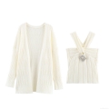 Women's 2 Piece Knit Set Long Sleeve Ribbed Cardigan And Rhinestone Brooch Cross Halter Camisole Casual Solid Color Soft Knitted Outfits