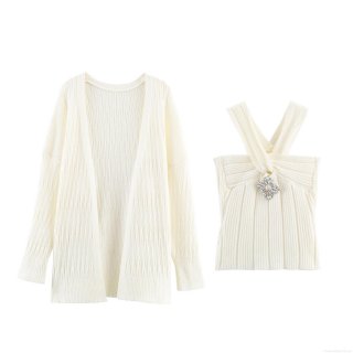 Women's 2 Piece Knit Set Long Sleeve Ribbed Cardigan And Rhinestone Brooch Cross Halter Camisole Casual Solid Color Soft Knitted Outfits Women's 2 Piece Knit Set Long Sleeve Ribbed Cardigan And Rhinestone Brooch Cross Halter Camisole Casual Solid Color Soft Knitted Outfits