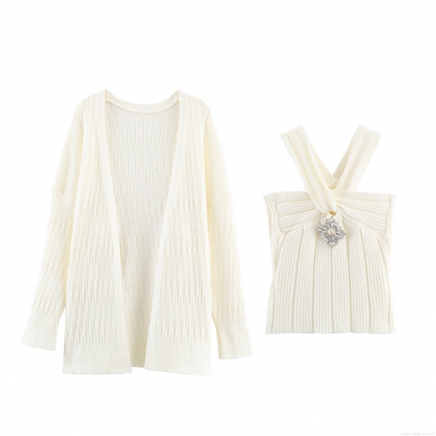 Women's 2 Piece Knit Set Long Sleeve Ribbed Cardigan And Rhinestone Brooch Cross Halter Camisole Casual Solid Color Soft Knitted Outfits Women's 2 Piece Knit Set Long Sleeve Ribbed Cardigan And Rhinestone Brooch Cross Halter Camisole Casual Solid Color Soft Knitted Outfits