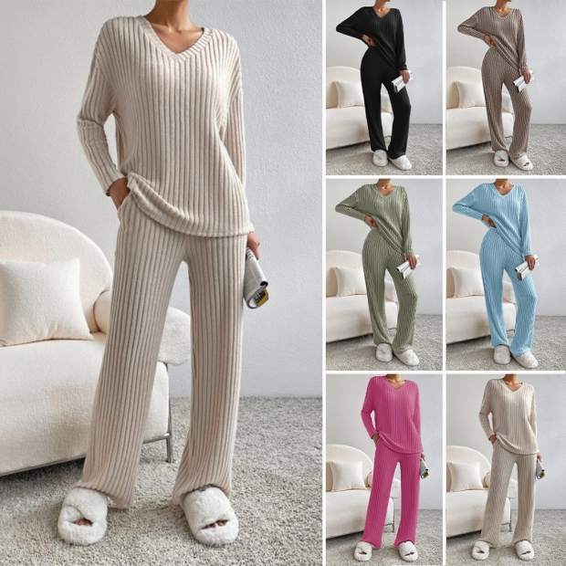 Women's Ribbed Knit 2-Piece Loungewear Set Loose V-Neck Long Sleeve Top and Wide Leg Pants Casual Fall Winter Outfit Women's Ribbed Knit 2-Piece Loungewear Set Loose V-Neck Long Sleeve Top and Wide Leg Pants Casual Fall Winter Outfit