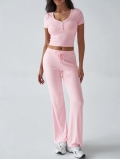 Women's 2 Piece Lounge Set Ribbed Knit V Neck Button Short Sleeve Crop Top High Waist Drawstring Flared Pants Casual Homewear Solid Color Slim Fit Outfit