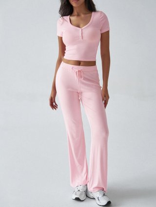 Women's 2 Piece Lounge Set Ribbed Knit V Neck Button Short Sleeve Crop Top High Waist Drawstring Flared Pants Casual Homewear Solid Color Slim Fit Outfit