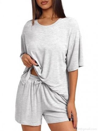 Women's Summer Casual Loungewear Set Polyester Spandex Oversized Short Sleeve T-Shirt And Drawstring Shorts Two-Piece Set Solid Color Round Neck Home Wear Women's Summer Casual Loungewear Set Polyester Spandex Oversized Short Sleeve T-Shirt And Drawstring Shorts Two-Piece Set Solid Color Round Neck Home Wear