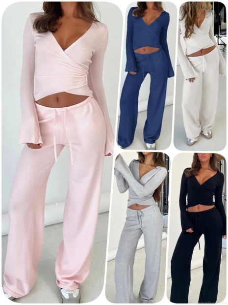 Women's 2 Piece Lounge Set Fleece Lined V Neck Wrap Long Sleeve Crop Top High Waisted Drawstring Wide Leg Pants Ribbed Knit Outfits Casual Tracksuit Women's 2 Piece Lounge Set Fleece Lined V Neck Wrap Long Sleeve Crop Top High Waisted Drawstring Wide Leg Pants Ribbed Knit Outfits Casual Tracksuit