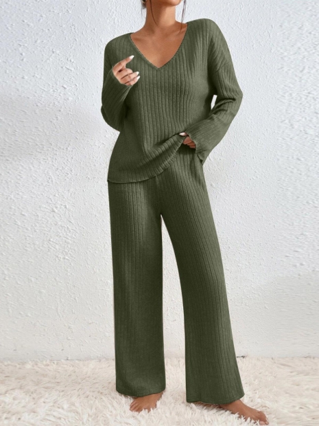 Women's Ribbed Knit Loungewear Set V-Neck Long Sleeve Top and Wide Leg Pants Two Piece Outfits Casual Loose Fit Soft Home Wear Suits Women's Ribbed Knit Loungewear Set V-Neck Long Sleeve Top and Wide Leg Pants Two Piece Outfits Casual Loose Fit Soft Home Wear Suits