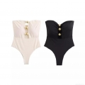 Women's Sexy Strapless One-Piece Swimsuit Hollow Out Bodycon Bodysuit With Gold Sphere Buttons Slim Fit High Elastic Polyester Swimwear For Beach Vacation Summer Women's Sexy Strapless One-Piece Swimsuit Hollow Out Bodycon Bodysuit With Gold Sphere Buttons Slim Fit High Elastic Polyester Swimwear For Beach Vacation Summer