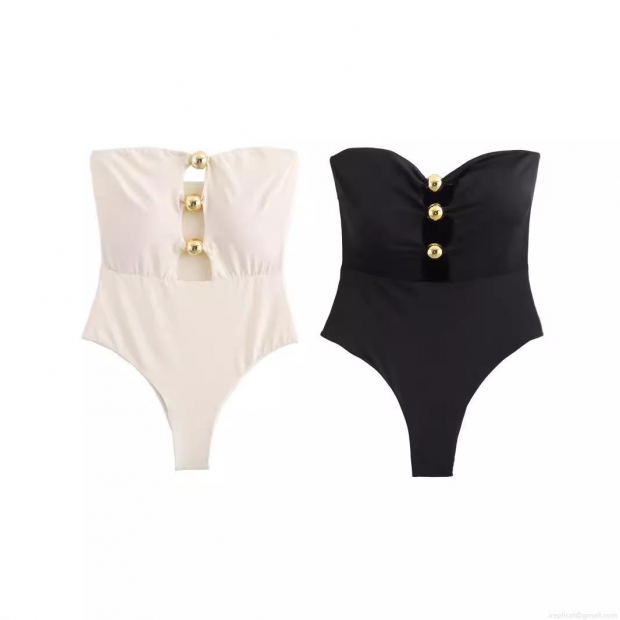 Women's Sexy Strapless One-Piece Swimsuit Hollow Out Bodycon Bodysuit With Gold Sphere Buttons Slim Fit High Elastic Polyester Swimwear For Beach Vacation Summer Women's Sexy Strapless One-Piece Swimsuit Hollow Out Bodycon Bodysuit With Gold Sphere Buttons Slim Fit High Elastic Polyester Swimwear For Beach Vacation Summer