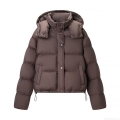 Women Loose Hooded Puffer Bread Jacket Shiny Polyester Padded Winter Warm Coat With Drawstring Hem Casual Solid Color Outerwear For Women