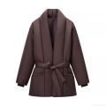 Women's Loose Fit V-Neck Puffer Jacket Solid Color Belted Warm Winter Coat Casual Mid-Length Polyester Quilted Outerwear With Large Pockets Deep Brown Women's Loose Fit V-Neck Puffer Jacket Solid Color Belted Warm Winter Coat Casual Mid-Length Polyester Quilted Outerwear With Large Pockets Deep Brown