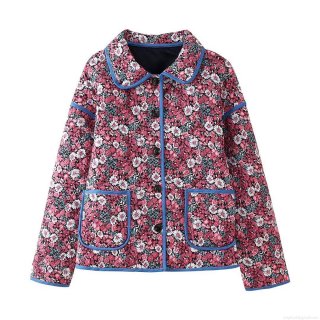 Women Floral Print Quilted Jacket Long Sleeve Lapel Button Down Puffer Coat With Patch Pockets Pink Flowers Contrast Binding Outerwear Women Floral Print Quilted Jacket Long Sleeve Lapel Button Down Puffer Coat With Patch Pockets Pink Flowers Contrast Binding Outerwear