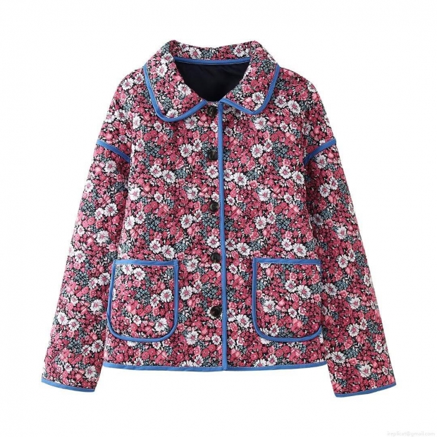 Women Floral Print Quilted Jacket Long Sleeve Lapel Button Down Puffer Coat With Patch Pockets Pink Flowers Contrast Binding Outerwear Women Floral Print Quilted Jacket Long Sleeve Lapel Button Down Puffer Coat With Patch Pockets Pink Flowers Contrast Binding Outerwear