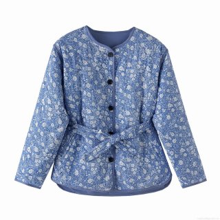 Women's Floral Quilted Jacket Polyester Cotton Padded Coat With Belt Long Sleeve Round Neck Single Breasted Mid Length Autumn Fashion Outerwear Blue Print Women's Floral Quilted Jacket Polyester Cotton Padded Coat With Belt Long Sleeve Round Neck Single Breasted Mid Length Autumn Fashion Outerwear Blue Print