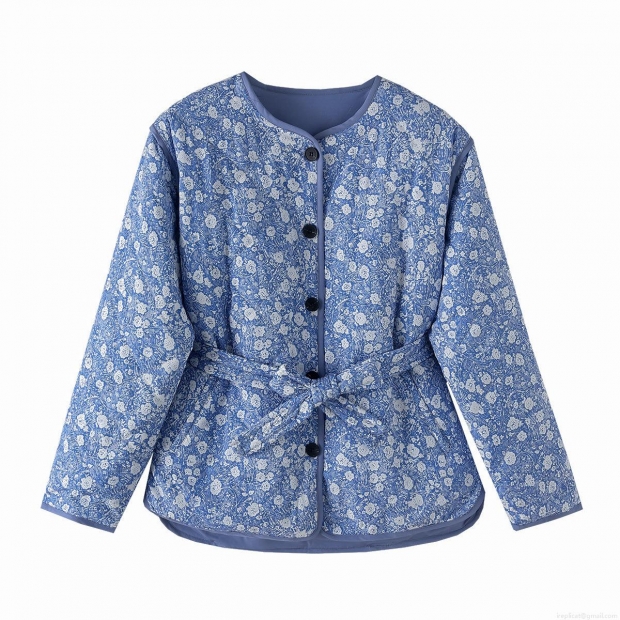 Women's Floral Quilted Jacket Polyester Cotton Padded Coat With Belt Long Sleeve Round Neck Single Breasted Mid Length Autumn Fashion Outerwear Blue Print Women's Floral Quilted Jacket Polyester Cotton Padded Coat With Belt Long Sleeve Round Neck Single Breasted Mid Length Autumn Fashion Outerwear Blue Print