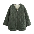 Women's Quilted Padded Jacket Oversized V-Neck Zipper Outerwear Coat Autumn Winter Casual Streetwear Warm Pockets Olive Green Cotton Blend Long Sleeve Parka