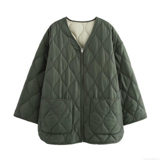Women's Quilted Padded Jacket Oversized V-Neck Zipper Outerwear Coat Autumn Winter Casual Streetwear Warm Pockets Olive Green Cotton Blend Long Sleeve Parka Women's Quilted Padded Jacket Oversized V-Neck Zipper Outerwear Coat Autumn Winter Casual Streetwear Warm Pockets Olive Green Cotton Blend Long Sleeve Parka