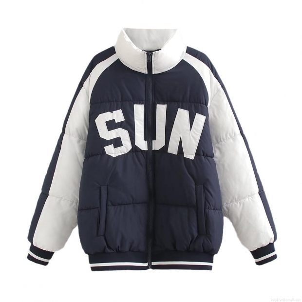 Women's Fashion Color Block Puffer Jacket Winter Warm Polyester Cotton Padded Coat With Sun Letter Embroidery Standing Collar Streetwear Outerwear Women's Fashion Color Block Puffer Jacket Winter Warm Polyester Cotton Padded Coat With Sun Letter Embroidery Standing Collar Streetwear Outerwear