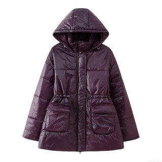 Women's Shiny Dark Purple Hooded Puffer Jacket Mid-Length Quilted Cotton Padded Coat Windproof Streetwear Warm Outerwear With Zipper Drawstring Waist For Winter Autumn Fashion Ladies Women's Shiny Dark Purple Hooded Puffer Jacket Mid-Length Quilted Cotton Padded Coat Windproof Streetwear Warm Outerwear With Zipper Drawstring Waist For Winter Autumn Fashion Ladies
