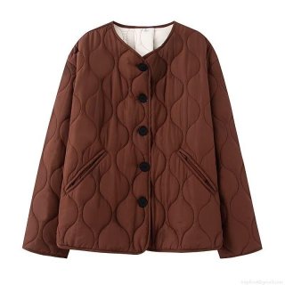 Women's Casual Quilted Padded Jacket Round Neck Button Down Polyester Warm Outerwear Streetwear Style Coat For Autumn Winter Women's Casual Quilted Padded Jacket Round Neck Button Down Polyester Warm Outerwear Streetwear Style Coat For Autumn Winter