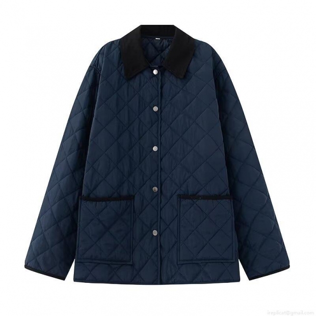 Women Navy Blue Diamond Quilted Jacket Contrast Corduroy Lapel Single Breasted Padded Coat With Pockets Casual Winter Streetwear Outwear For Women Women Navy Blue Diamond Quilted Jacket Contrast Corduroy Lapel Single Breasted Padded Coat With Pockets Casual Winter Streetwear Outwear For Women