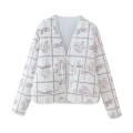 Women's Quilted Cotton-padded Jacket V-Neck Lace-up Rose Bow Floral Print Winter Coat Western Style Streetwear Warm Long Sleeve Outerwear