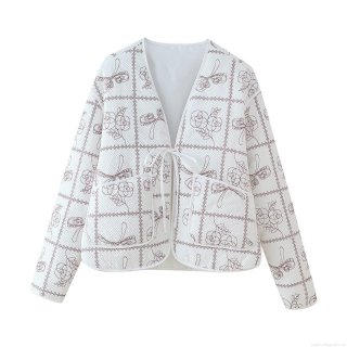 Women's Quilted Cotton-padded Jacket V-Neck Lace-up Rose Bow Floral Print Winter Coat Western Style Streetwear Warm Long Sleeve Outerwear Women's Quilted Cotton-padded Jacket V-Neck Lace-up Rose Bow Floral Print Winter Coat Western Style Streetwear Warm Long Sleeve Outerwear