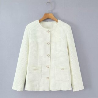 Women's Elegant Creamy White Tweed Jacket Padded Cotton Coat With Pearl Buttons Round Neck Long Sleeve Winter Outerwear Quilted Lining Warm Puffer Jacket For Women Women's Elegant Creamy White Tweed Jacket Padded Cotton Coat With Pearl Buttons Round Neck Long Sleeve Winter Outerwear Quilted Lining Warm Puffer Jacket For Women