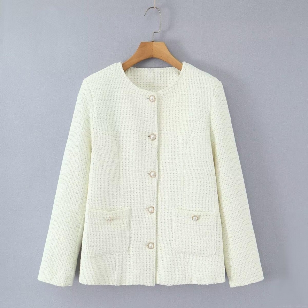 Women's Elegant Creamy White Tweed Jacket Padded Cotton Coat With Pearl Buttons Round Neck Long Sleeve Winter Outerwear Quilted Lining Warm Puffer Jacket For Women Women's Elegant Creamy White Tweed Jacket Padded Cotton Coat With Pearl Buttons Round Neck Long Sleeve Winter Outerwear Quilted Lining Warm Puffer Jacket For Women