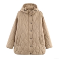 Women's Khaki Hooded Quilted Jacket Loose Fit Mid-Length Warm Winter Puffer Coat With Snap Buttons And Zipper Solid Color Streetwear Padded Outerwear Women's Khaki Hooded Quilted Jacket Loose Fit Mid-Length Warm Winter Puffer Coat With Snap Buttons And Zipper Solid Color Streetwear Padded Outerwear