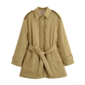 Women Winter Padded Trench Coat Khaki Polyester Twill Belted Waist Slimming Outerwear Solid Color Lapel Windproof Warm Jacket For Women Women Winter Padded Trench Coat Khaki Polyester Twill Belted Waist Slimming Outerwear Solid Color Lapel Windproof Warm Jacket For Women