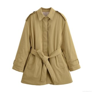 Women Winter Padded Trench Coat Khaki Polyester Twill Belted Waist Slimming Outerwear Solid Color Lapel Windproof Warm Jacket For Women Women Winter Padded Trench Coat Khaki Polyester Twill Belted Waist Slimming Outerwear Solid Color Lapel Windproof Warm Jacket For Women