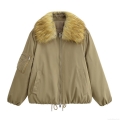 Women's Padded Puffer Jacket With Faux Fur Collar Solid Color Polyester Warm Winter Outerwear Coat With Drawstring Hem Casual Streetwear Ladies Windproof Clothing