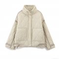Women's Fashion Wave Quilted Puffer Jacket 100% Polyester Stand Collar Cotton Coat Long Sleeve Casual Winter Warm Windproof Beige Outerwear For Women