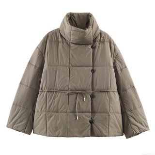 Women's Casual Quilted Padded Jacket High Stand Collar Warm Winter Cotton Coat With Adjustable Belt Drawstring Waist Short Loose Fit Outerwear Women's Casual Quilted Padded Jacket High Stand Collar Warm Winter Cotton Coat With Adjustable Belt Drawstring Waist Short Loose Fit Outerwear