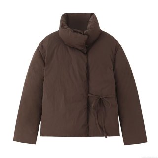 Women Short Padded Jacket Winter Warm Stand Collar Puffer Coat With Waist Tie Casual Solid Coffee Brown Long Sleeve Windproof Outerwear Jacket