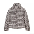 Women's Geometric Monogram Printed Puffer Jacket Stand Collar Loose Fit Winter Warm Padded Coat With Pockets Casual Chic Outerwear
