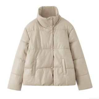 Women's PU Leather Quilted Puffer Jacket Minimalist Loose Stand Collar Cotton Padded Coat Winter Warm Outerwear Casual Streetwear