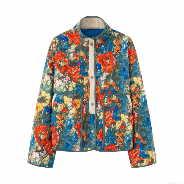 Women's Fashion Floral Print Quilted Jacket Stand Collar Casual Cotton Padded Coat With Metal Snap Buttons And Large Pockets 100% Polyester Outwear For Winter Women's Fashion Floral Print Quilted Jacket Stand Collar Casual Cotton Padded Coat With Metal Snap Buttons And Large Pockets 100% Polyester Outwear For Winter