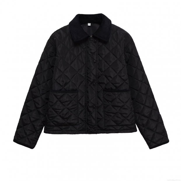 Women's Casual Quilted Cotton Padded Jacket With Corduroy Collar Black Rhombus Pattern Loose Fit Warm Button Down Coat Outerwear For Women Women's Casual Quilted Cotton Padded Jacket With Corduroy Collar Black Rhombus Pattern Loose Fit Warm Button Down Coat Outerwear For Women