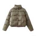 Women Fashion Short Puffer Jacket Solid Olive Green Cotton Padded Coat With Metal Buttons Stand Collar Retro Style Winter Warm Windproof Outerwear Women Fashion Short Puffer Jacket Solid Olive Green Cotton Padded Coat With Metal Buttons Stand Collar Retro Style Winter Warm Windproof Outerwear