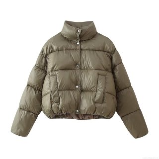 Women Fashion Short Puffer Jacket Solid Olive Green Cotton Padded Coat With Metal Buttons Stand Collar Retro Style Winter Warm Windproof Outerwear