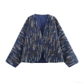 Women's Kimono Style Beaded Denim Effect Quilted Jacket Vintage Embroidered Open Front Cotton Padded Coat For Autumn Casual Loose Long Sleeve Outerwear Women's Kimono Style Beaded Denim Effect Quilted Jacket Vintage Embroidered Open Front Cotton Padded Coat For Autumn Casual Loose Long Sleeve Outerwear