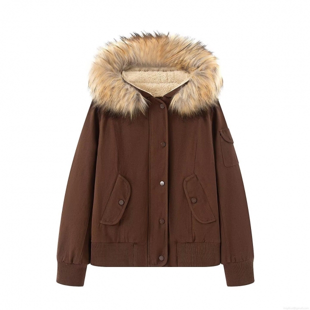 Women's Casual Hooded Cotton-Padded Jacket With Detachable Faux Fur Collar Utility Workwear Style Windproof Warm Short Coat For Autumn Winter Women's Casual Hooded Cotton-Padded Jacket With Detachable Faux Fur Collar Utility Workwear Style Windproof Warm Short Coat For Autumn Winter