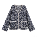 Women's Vintage Floral Quilted Padded Jacket Ethnic V-Neck Single-Breasted Cotton Blend Loose Warm Outwear For Autumn Winter