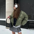 Women's Winter Short Puffer Jacket Loose Quilted Cotton Padded Coat With Pockets Stand Collar Warm Outerwear For Casual Daily Wear Olive Green Women's Winter Short Puffer Jacket Loose Quilted Cotton Padded Coat With Pockets Stand Collar Warm Outerwear For Casual Daily Wear Olive Green