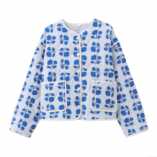 Women's Vintage Quilted Padded Jacket Floral Print Round Neck Long Sleeve Short Coat Autumn Winter Warm Outwear With White Buttons For Women